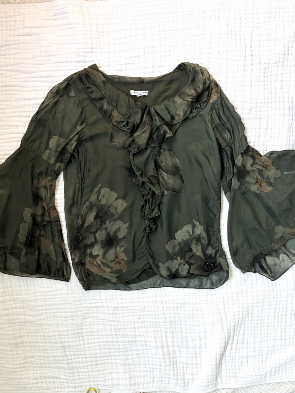 Tempo Paris Silk Floral Blouse Ruffle Sheer Bell Sleeve Italy M